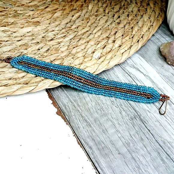 Boho Chic Beaded Herringbone Bracelet, Seed Bead Jewelry, 7.25" - Picture 4 of 8